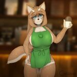  1:1 2021 anthro apron apron_only big_breasts blurred_background breasts canid canine canis casi_(casiika1) casiika1 clothing digital_media_(artwork) female fur green_apron hair head_markings hi_res holding_object horn hybrid i_mean_breast_milk long_hair looking_at_viewer mammal markings meme mostly_nude photo_background shaded smile solo spots spotted_body spotted_fur standing starbucks wolf 