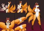  2021 3_tails animal_humanoid anthro anus big_breasts black_sclera body_part_transformation breast_growth breasts canid canid_humanoid canine collar digital_media_(artwork) duo female fox gender_transformation genitals growth hair hi_res humanoid humanoid_on_anthro looking_back luxianne male mammal mammal_humanoid mtf_transformation multi_tail navel nipples nude pink_hair pussy pussy_transformation simple_background smile transformation 