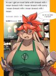  annoyed anthro apron apron_only areola big_breasts blush breasts brown_body brown_fur clothing container cup dialogue digital_media_(artwork) english_text eyebrow_through_hair eyebrows eyewear female final_fantasy final_fantasy_tactics fur glasses green_apron hair hi_res huge_breasts i_mean_breast_milk long_ears looking_at_viewer mammal mawar mawar_(ocaritna) meme mostly_nude nipple_slip nipples nu_mou ocaritna open_mouth pencil_(object) pink_eyes red_hair shaded solo speech_bubble square_enix starbucks text text_on_apron text_on_clothing tied_hair translucent translucent_hair video_games 