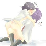  ass bad_id bad_pixiv_id black_hair blush breasts closed_eyes crotch_rub hug kajiki_yumi large_breasts multiple_girls naked_shirt necktie pun2 purple_hair saki shirt short_hair skirt touyoko_momoko yuri 