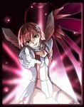  artist_request buckle detached_collar gloves juju leotard looking_at_viewer over_zenith pointing pointing_at_viewer short_hair solo thigh_strap white_gloves wings 