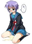  blush embarrassed glasses kita_high_school_uniform nagato_yuki pee peeing school_uniform solo suzumiya_haruhi_no_yuuutsu 