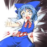  blood blue_hair cirno crying crying_with_eyes_open guro open_mouth outstretched_arm outstretched_hand reaching ribbon saliva severed severed_limb severed_torso short_hair solo tajima_yuuki tears touhou 