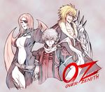  2boys almira angry belt blonde_hair breasts character_request coat eyepatch feel grey_eyes grey_hair kara_(color) large_breasts leon_(over_zenith) midriff multiple_boys over_zenith scarf smirk wings 
