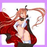  1girl blush cape cock_ring cum elbow_gloves erect_nipples erection futanari gloves long_hair midriff nipple_slip nipples penis pigtails precum red_hair revealing_clothes ribbon short_twintails twintails useless_clothes vampire yozora 