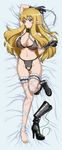  barefoot bdsm bed blonde_hair blue_eyes blush boot_removed boots breasts chain collar dakimakura elf feet fishnets footwear_removed full_body high_heels highres huge_breasts long_hair lying pointy_ears see-through shoes single_shoe solo tiffania_westwood tooo zero_no_tsukaima 