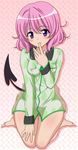  artist_request barefoot blush bottomless breasts colorized feet highres medium_breasts messy_hair momo_velia_deviluke nipples no_panties pajamas pink_hair purple_eyes pussy see-through short_hair sitting solo tail to_love-ru wariza wide_hips 