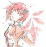  :o armlet artist_request blush juju lowres mechanical_wings over_zenith parted_lips red_eyes red_hair simple_background solo upper_body white_background wings 