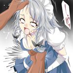  beating blood braid breasts cleavage female hair_pull hair_ribbon izayoi_sakuya maid maid_cap open_mouth punch punching ribbon rolleyes rolling_eyes ryona saliva silver_hair suffering sweat tears touhou twin_braids violence 