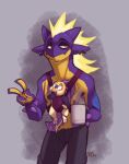  amped_toxtricity anthro baby coffee_mug conditional_dnp duo ebonychimera father father_and_child father_and_son hi_res hybrid male nintendo parent parent_and_child piercing pok&eacute;mon pok&eacute;mon_(species) scraggy son stubble toxtricity video_games young 
