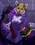  anthro black_body black_fur canid canine canis clothing flag fur genitals glistening glistening_clothing hi_res lawkie leash male mammal penis purple_background purple_clothing red_eyes red_rocket rubber simple_background solo supervillain tongue tongue_out whip white_body white_fur wolf yellow_body yellow_fur 