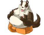  2015 anthro badger belly black_nose bottomwear brown_body brown_fur bulge clothing donguri fur kemono male mammal moobs mustelid musteline nipples overweight overweight_male shorts simple_background solo tongue tongue_out white_background white_body white_fur 
