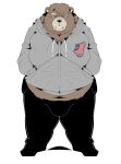  2021 absurd_res anthro belly biped black_nose bottomwear brown_body brown_fur bulge clothing fur hi_res hoodie kemono male mammal navel overweight overweight_male pants sigenoya simple_background solo takotyutyu topwear ursid white_background 