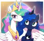  2021 blue_body blue_eyes blue_hair duo equid equine feathered_wings feathers female feral friendship_is_magic hair hasbro hi_res horn long_hair mammal multicolored_hair my_little_pony nendo princess_celestia_(mlp) princess_luna_(mlp) purple_eyes quadruped unicorn_horn white_body white_feathers white_horn white_wings winged_unicorn wings 