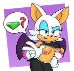  ? anthro big_breasts breast_squish breasts chiropteran clothed clothing clothing_lift dialogue_box female flashing flashing_breasts hand_on_hip hi_res looking_at_viewer mammal rouge_the_bat sega shirt shirt_lift simple_background smile smirk solo sonic_the_hedgehog_(series) sournack squish topwear 