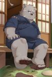  2021 anthro belly blue_eyes clothing detailed_background feet footwear fur grey_body grey_fur hi_res humanoid_hands jinbei_(clothing) kemono male mammal morian_xs outside overweight overweight_male sandals sitting solo ursid young 