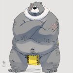 1:1 2016 anthro belly biped black_body black_fur black_nose bottomwear clothing fur kemono loincloth male mammal navel overweight overweight_male scar simple_background solo totemoii_029 ursid 