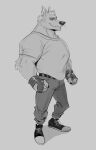  2021 absurd_res anthro belt bottomwear canid canine canis clothing fingerless_gloves footwear fur gloves handwear hi_res male mammal monochrome muscular polartoons shirt simple_background solo thebluebear27 topwear wolf 