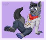  2021 anthro biped black_body black_fur black_hair black_nose black_pawpads blue_body blue_fur border bottomwear bulge canid canine cheek_tuft clothed clothing cute_fangs denim denim_clothing duo eyebrow_through_hair eyebrows facial_tuft fur gaokun grey_body grey_ears grey_fur hair hi_res hoodie jeans kerchief looking_at_another looking_away macro male mammal micro micro_on_macro multicolored_body multicolored_fur neck_tuft orange_body orange_fur pants pawpads pink_pawpads purple_background simple_background size_difference tan_body tan_ears tan_fur tan_hair topwear translucent translucent_hair tuft two_tone_body two_tone_fur watermark white_border 