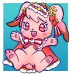  2021 accessory blush cape chibi clothing crown cupcake digital_media_(artwork) female food fruit head_tuft hi_res lagomorph leporid mammal open_mouth open_smile pawpads pink_body plant puyo_puyo_quest pyritie rabbit red_eyes ribbons simple_background smile solo strawberry tiara tuft video_games 
