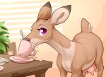  2021 absurd_res beverage brown_body brown_fur cervid container cup detailed_background dipstick_ears drinking female feral fur furniture hi_res inner_ear_fluff inside loimu loimu_(character) looking_at_viewer mammal multicolored_body multicolored_ears multicolored_fur pink_eyes scut_tail short_tail solo standing table teats tuft udders 