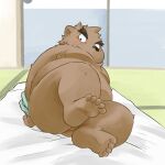  1:1 2016 anthro balls bed belly black_nose blush brown_body brown_fur butt detailed_background feet fur furniture genitals humanoid_hands inside inuryu kemono male mammal moobs overweight overweight_male solo ursid young 