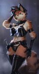  anthro armband belt black_lips black_nose breasts canid claws clothed clothing female fur gloves grey_eyes hair handwear holding_head latex_gloves latex_panties latex_stockings lips mammal melee_weapon multicolored_body multicolored_fur orange_body orange_fur rubber simple_background skimpy solo standing stripes sword two_tone_body two_tone_fur veramundis weapon 