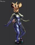  2021 anthro antlers biped breasts brown_eyes cervid clothed clothing female grey_background hi_res hooves horn human macro mammal nastya_tan rubber rubber_clothing rubber_suit simple_background size_difference solo standing 