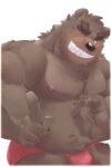  2021 anthro belly black_nose brown_body brown_fur bulge clothing fur hi_res humanoid_hands kemono male mammal meimei_kia moobs nipples one_eye_closed overweight overweight_male simple_background solo underwear ursid white_background wink 