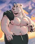  2020 belly black_nose cloud fafudahber fur humanoid_hands male mammal moobs navel nipples outside overweight overweight_male polar_bear solo towel towel_on_shoulder ursid ursine white_body white_fur 