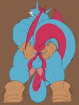  3:4 animal_genitalia animal_penis anthro anus backsack balls biceps blep blue_anus blue_balls blue_body blue_scales bodily_fluids boots brown_background butt clothing elwind_(thiccvally) flat_colors footwear genital_fluids genitals gloves grin hands_on_hips handwear hemipenes hi_res humanoid leather looking_at_viewer looking_back male multi_genitalia multi_penis nintendo pecs penis pink_penis pok&eacute;mon pok&eacute;mon_(species) precum red_body red_scales red_wings rough_sketch salamence scales simple_background slightly_chubby smile solo spread_butt spreading standing standing_on_toes sweat tail_between_legs tjloog tongue tongue_out video_games wide_stance wings 