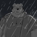  1:1 2021 anthro belly clothing cute_fangs hi_res kemono male mammal night outside overweight overweight_male raining shirt solo topwear ursid whitebeast20 