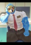  animal_crossing anthro avian beak bird black_bars blue_body blue_feathers bottomwear clothing columbid day dodo eyewear feathers hand_on_cheek headphones inside letterbox looking_at_viewer male muscular muscular_anthro muscular_male necktie nintendo pants raccoon21 shirt sitting solo sunglasses topwear veiny_muscles video_games wilbur_(animal_crossing) 