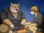  2016 4:3 anthro asian_clothing beach belly blush brown_body brown_fur canid canine canis clothing domestic_dog duo east_asian_clothing fireworks fur humanoid_hands inunoshippo japanese_clothing kemono male mammal night overweight overweight_male seaside water 