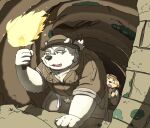  2021 anthro bottomwear canid canine canis cave clothing cu_sith_(tas) detailed_background domestic_dog duo eyewear fire glasses hat headgear headwear hon55728 humanoid_hands inside kemono leib_(tas) lifewonders male mammal overweight overweight_male pants polar_bear shirt tokyo_afterschool_summoners topwear ursid ursine video_games 