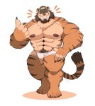  2021 abs absurd_res anthro baseball_cap big_muscles body_hair bulge claws clothing emanata fangs felid fur gesture hand_on_hip happy_trail hat headgear headwear hi_res huge_muscles male mammal muscular muscular_anthro muscular_male navel nipples pantherine pecs pointing pubes sabertooth_(anatomy) simple_background smile solo splashburr standing thick_thighs tiger tuft underwear white_background 
