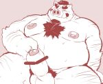  12beat13 2021 anthro balls belly blush erection genitals humanoid_genitalia humanoid_hands humanoid_penis kemono male mammal moobs nipples overweight overweight_male penis pubes simple_background sitting solo suid suina sus_(pig) wild_boar 