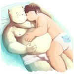  1:1 2013 anthro balls_outline bed belly blush bulge butt cuddling duo embrace eyes_closed fur furniture genital_outline hug human human_on_anthro humanoid_hands interspecies kemono lying male male/male mammal moobs nipples overweight overweight_male penis_outline pillow polar_bear robogriz ursid ursine white_body white_fur 