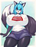  2021 absurd_res anthro big_breasts blue_eyes blush breasts camel_toe canid canine canis clothing domestic_dog female hanul hi_res huge_breasts mammal nipple_outline open_mouth shirt solo sugoi_dekai tailzkim text text_on_clothing text_on_shirt text_on_topwear topwear uzaki-chan_wa_asobitai! 