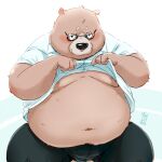  1:1 2016 anthro belly black_nose blush bottomwear brown_body clothing eyewear glasses humanoid_hands kemono male mammal moobs navel overweight overweight_male pants shirt simple_background sitting solo topwear totemoii_029 ursid 