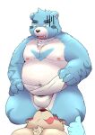  2021 absurd_res anthro asian_clothing belly black_nose blue_body blue_fur blush bonasiah bulge buruukoori canid canine clothing cute_fangs duo east_asian_clothing full_attack fundoshi fur hi_res humanoid_hands japanese_clothing kemono lying male mammal moobs navel nipples overweight overweight_male simple_background sophring_jie tongue tongue_out underwear ursid white_background white_body white_clothing white_fundoshi white_fur white_underwear 