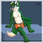  1:1 2021 anthro asian_mythology balls_outline biped blep blue_eyes border boxers_(clothing) bulge chest_tuft claws clothed clothing cute_fangs detailed_bulge dipstick_tail dragon east_asian_mythology eastern_dragon eyebrow_through_hair eyebrows fur gaokun genital_outline green_body green_ears green_fur hair hi_res horn male markings mostly_nude multicolored_body multicolored_fur multicolored_tail mythology orange_clothing orange_underwear partially_clothed sheath_outline simple_background solo tail_markings toe_claws tongue tongue_out translucent translucent_hair tuft two_tone_body two_tone_fur underwear watermark white_body white_border white_fur 