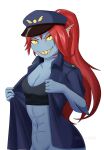  abs animal_humanoid anthro bottomless breasts clothed clothing deltarune female fish fish_humanoid grin hair hi_res humanoid looking_at_viewer marine marine_humanoid police_uniform red_hair sharp_teeth shirt simple_background small_breasts smile solo tank_top teeth topwear undertale undertale_(series) undressing undyne uniform video_games white_background zingex 