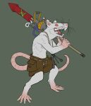  2021 anthro bottomwear clothed clothing digital_media_(artwork) hi_res holding_object holding_weapon male mammal pants partially_clothed pink_tail red_eyes rodent shirtless simple_background skaven solo warhammer_(franchise) weapon whiskers white_body xenopera 