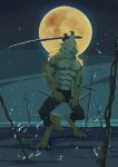  2021 absurd_res anthro bottomwear canid canine canis centraldogma clothing detailed_background digital_media_(artwork) fur hi_res male mammal melee_weapon moon muscular night outside scar solo sword weapon were werecanid werecanine werewolf wolf 