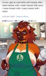  anthro apron apron_only areola areola_slip artist_name big_breasts breasts brown_body brown_fur brown_hair canid canine canis cheek_piercing claws clothing collar container cup digital_media_(artwork) domestic_dog ear_piercing english_text facial_piercing female fur gauged_ear green_apron hair humor i_mean_breast_milk mammal meme menu mostly_nude nipple_piercing nipples nose_piercing nose_ring pen piercing septum_piercing shaded shaker signature solo standing starbucks text yeehaw_goth 