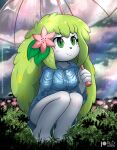  accessory anthro anthrofied blush blush_stickers clothing coat crouching female flower flower_in_hair hair hair_accessory land_forme_shaymin legendary_pok&eacute;mon nintendo plant pok&eacute;mon pok&eacute;mon_(species) pok&eacute;morph raincoat raining rilex_lenov shaymin solo topwear umbrella video_games 