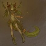  1:1 antlers bangs boots bottomwear clothed clothing fairy female footwear green_body green_hair green_skin hair horn humanoid humanoid_pointy_ears leaf_clothing navel not_furry pseudo_hair skirt small_waist solo syvaron thigh_gap twintails_(hairstyle) yellow_eyes 