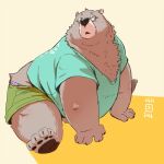  1:1 2016 anthro belly bottomwear brown_body brown_fur clothing eyewear fur glasses humanoid_hands kemono male mammal overweight overweight_male shirt shorts simple_background sitting solo topwear totemoii_029 ursid 