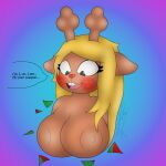  1:1 2021 absurd_res anthro antlers areola assisted_exposure big_breasts blonde_hair blush breasts brown_body brown_skin bust_portrait capreoline cervid clothing deltarune dialogue digital_media_(artwork) english_text female freckles gazaster gradient_background hair hi_res horn looking_down mammal nervous nervous_smile nipples no_irises noelle_holiday nude off_screen_character open_mouth portrait red_nose reindeer simple_background smile solo tan_body tan_skin teeth text torn_clothing undertale_(series) video_games 